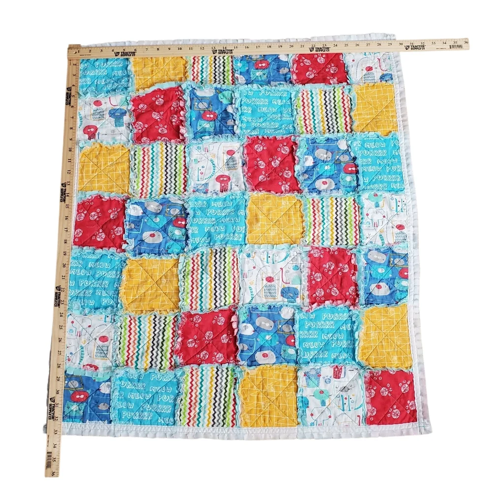 New Homemade Colorful Baby Rag Quilt Cats / Paw Prints